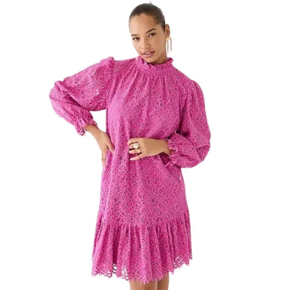 NWOT J Crew Ruffleneck Long Sleeve Lace Dress Hot Pink - Small